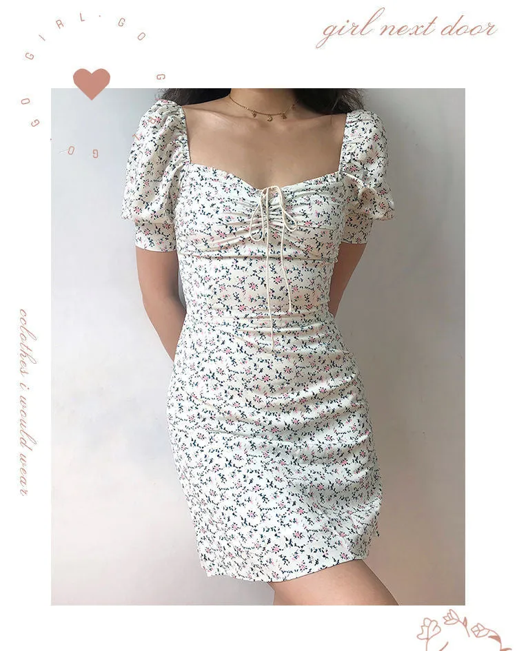 Women Floral Mini Dress  Lace Puff Sleeve Summer Skinny Slim Bodycon Dress - WD8114