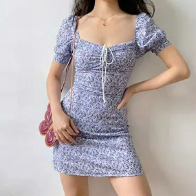 Women Floral Mini Dress  Lace Puff Sleeve Summer Skinny Slim Bodycon Dress - WD8114