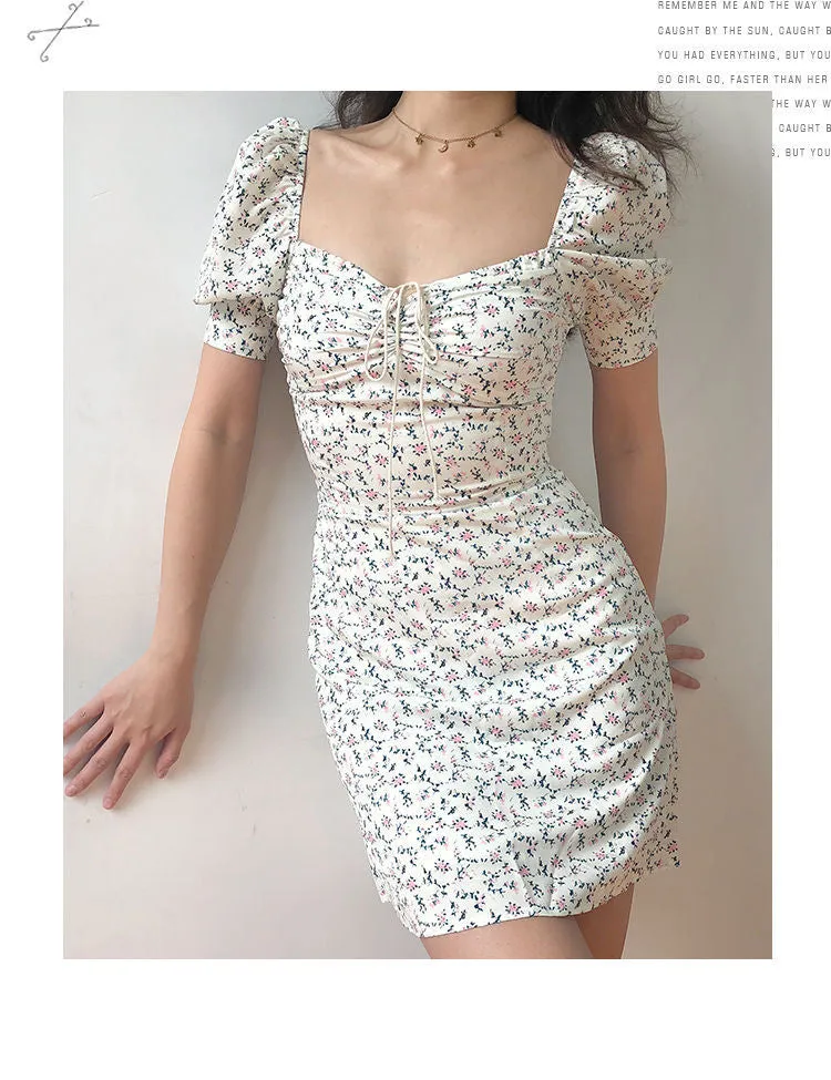 Women Floral Mini Dress  Lace Puff Sleeve Summer Skinny Slim Bodycon Dress - WD8114