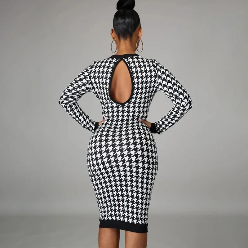 Women Long Sleeve Midi Hollow Out Bodycon Streetwear Dress - WD8136