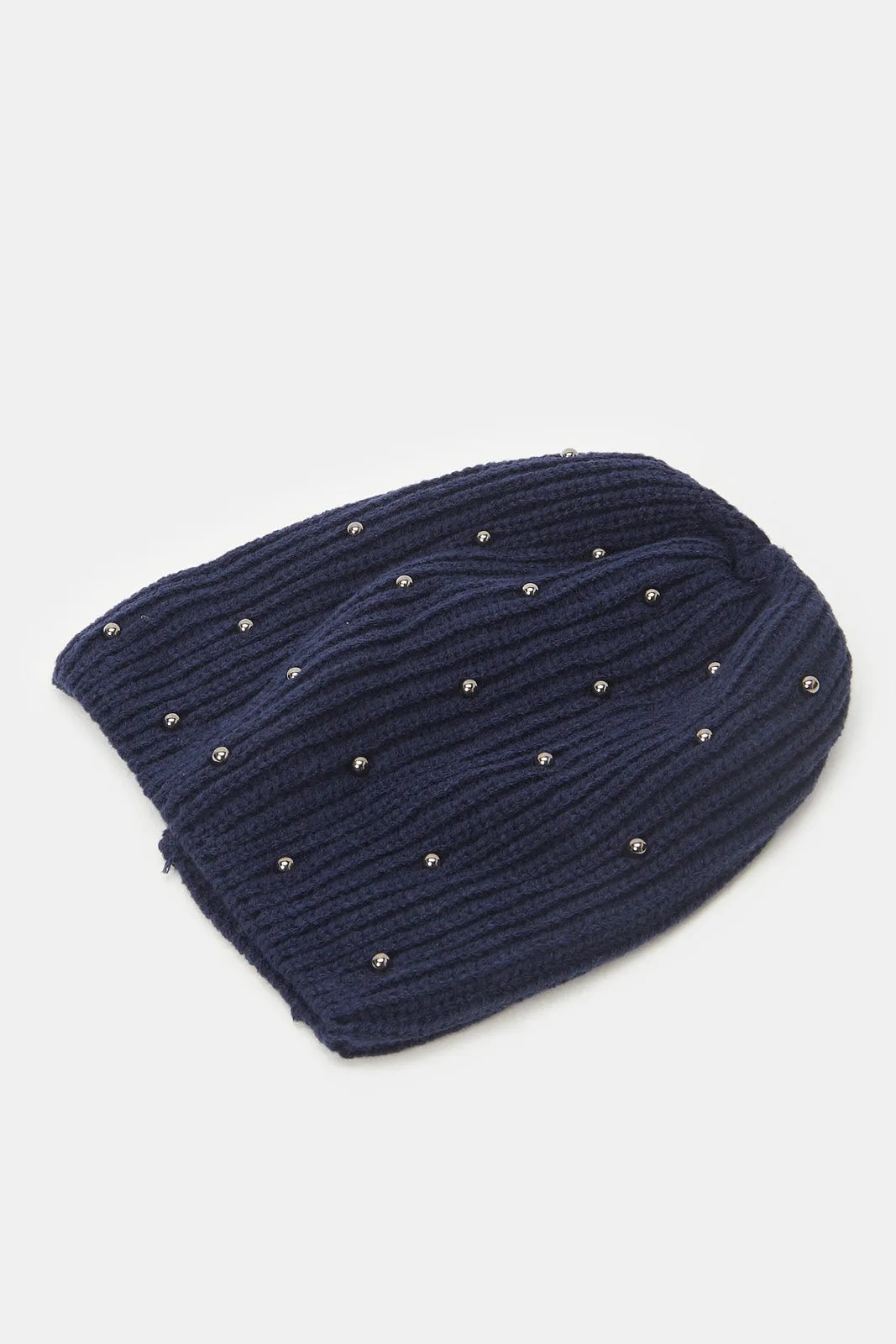 Women Navy And Beige Embellished Knitted Caps (Pack of 2)