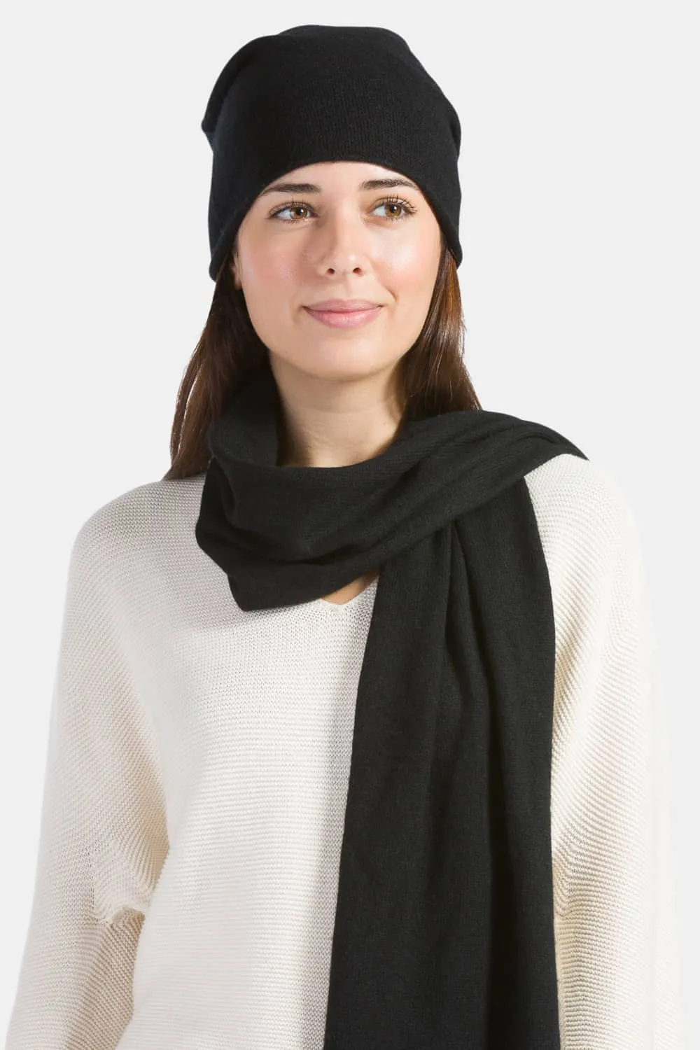 Women's 2pc 100% Cashmere Slouchy Beanie & Knit Scarf Set with Gift Box