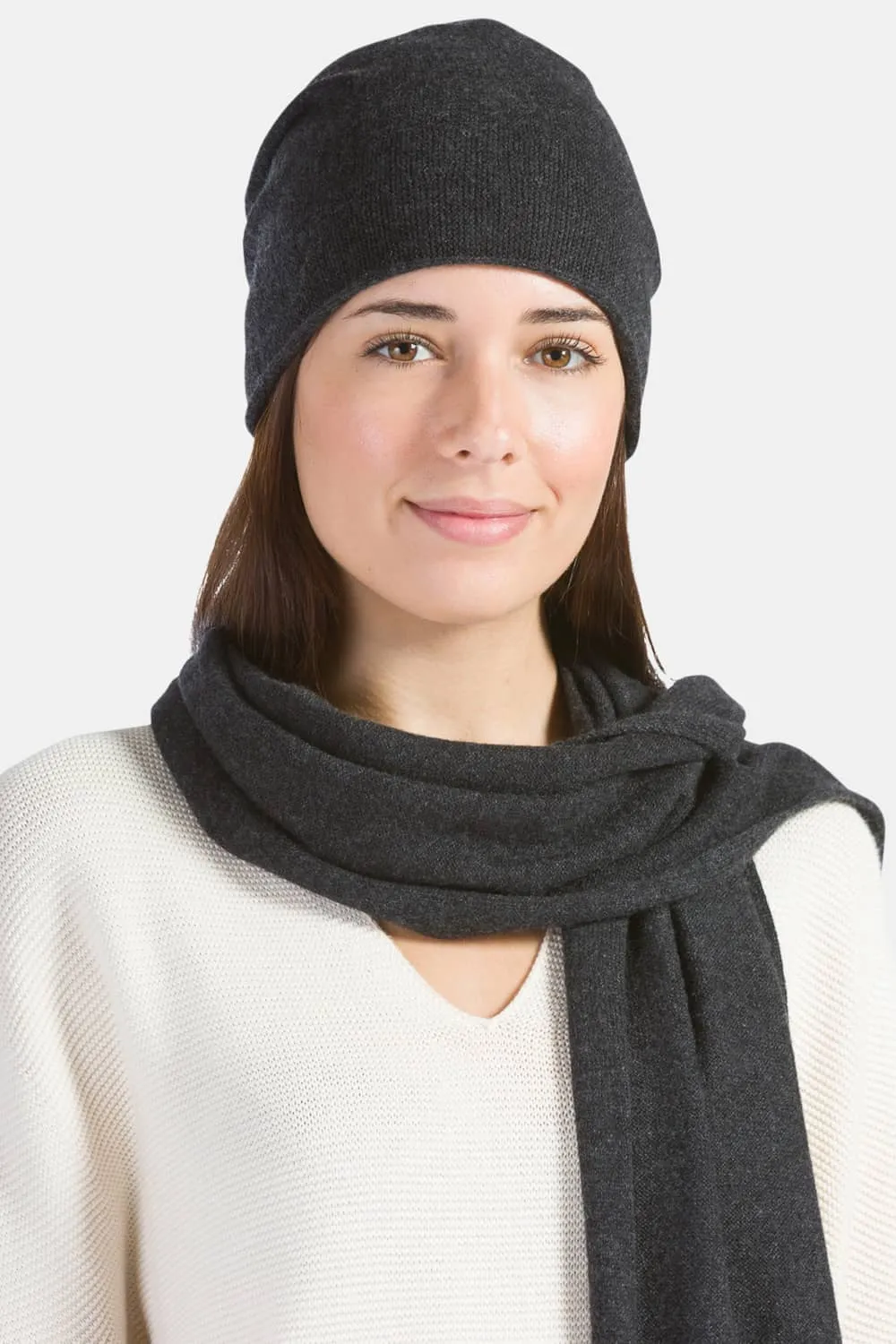 Women's 2pc 100% Cashmere Slouchy Beanie & Knit Scarf Set with Gift Box