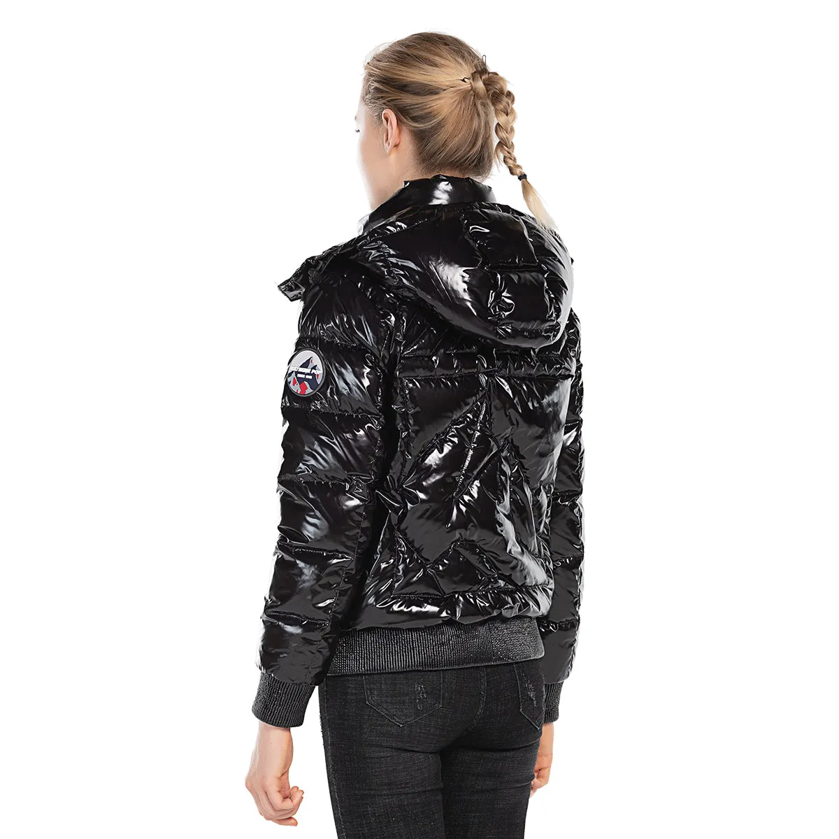 Women's Down Puff Jacket in Pure Goose Shiny Colours Silver and Black S M L XL