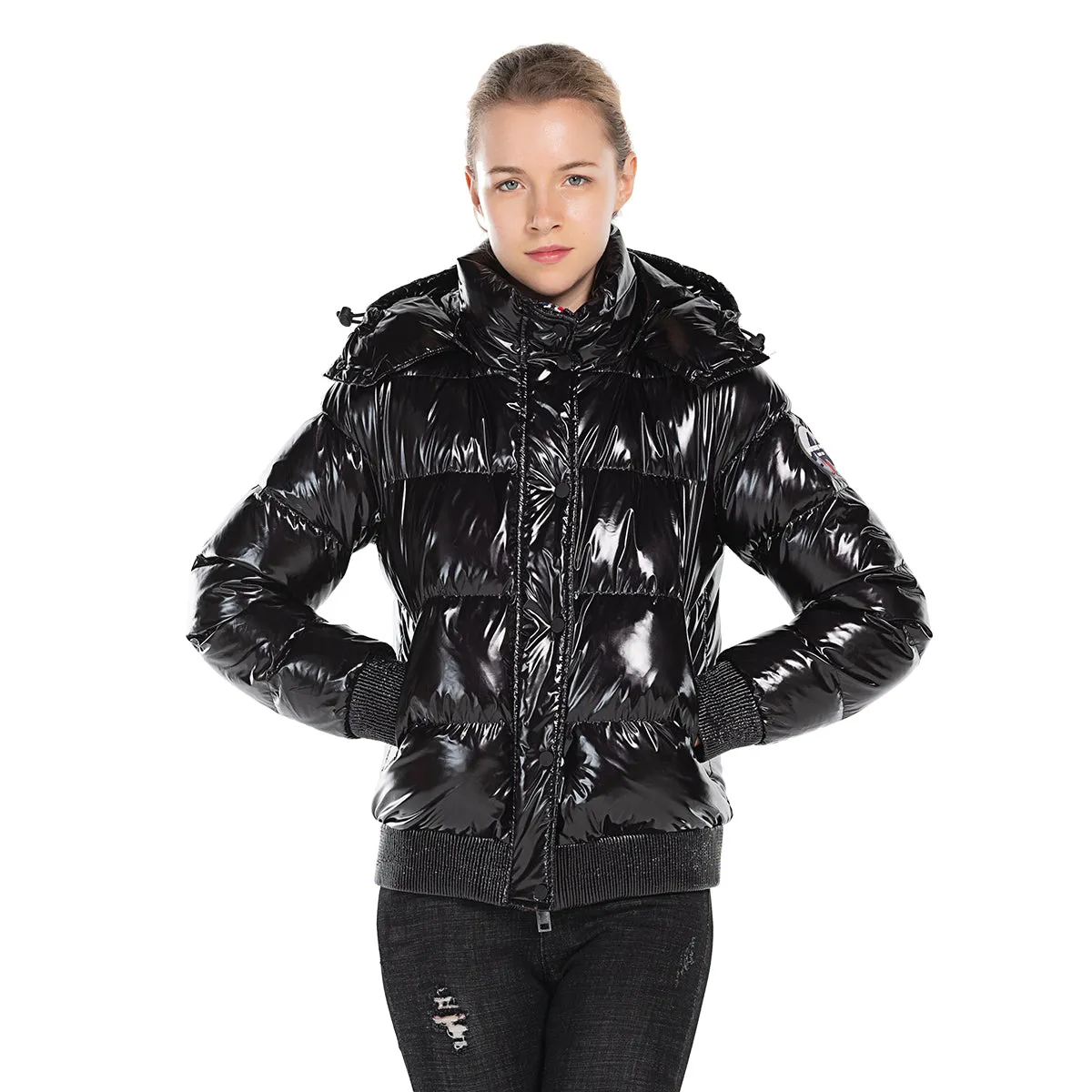 Women's Down Puff Jacket in Pure Goose Shiny Colours Silver and Black S M L XL