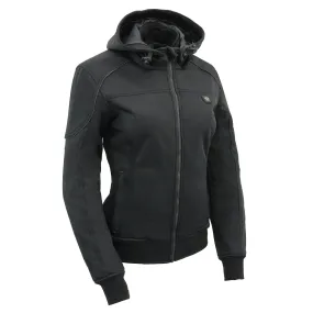 Womens Soft Shell Heated Racing Style Jacket with Detachable Hood