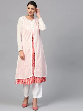 Women'S White Striped Kurta With Muslin Jacket  Plus Size