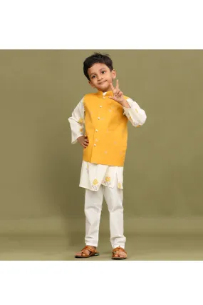 Yellow floral printed jacket with off white kurta churidar set