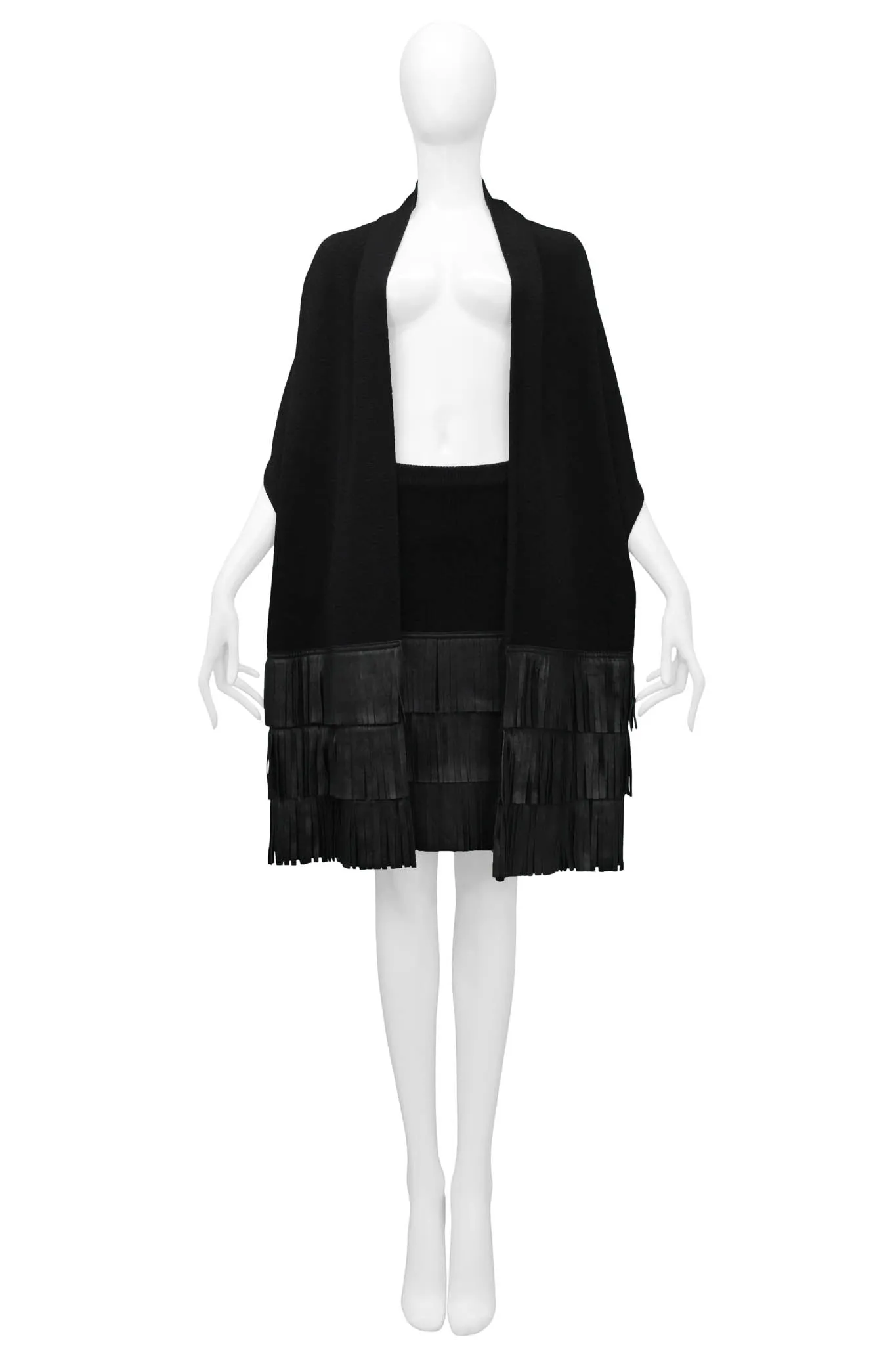 YVES SAINT LAURENT YSL BLACK KNIT SCARF AND SKIRT WITH LEATHER FRINGE