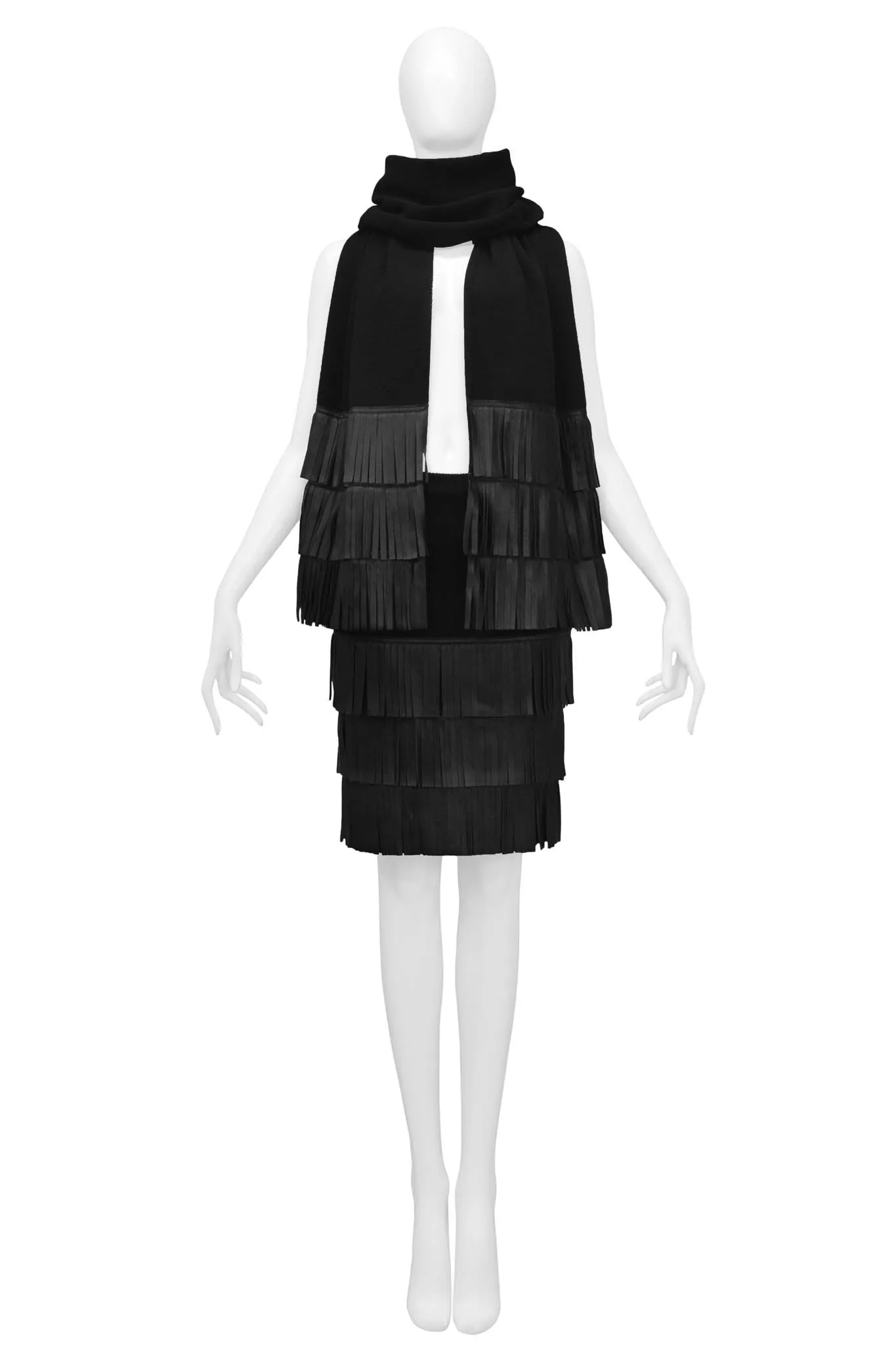 YVES SAINT LAURENT YSL BLACK KNIT SCARF AND SKIRT WITH LEATHER FRINGE