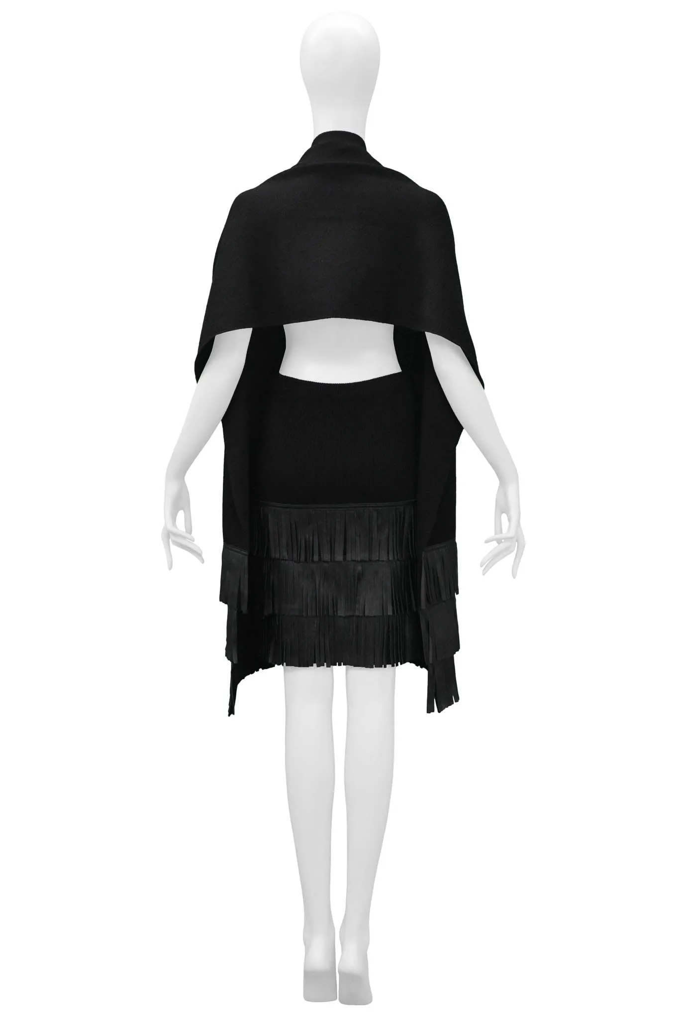 YVES SAINT LAURENT YSL BLACK KNIT SCARF AND SKIRT WITH LEATHER FRINGE