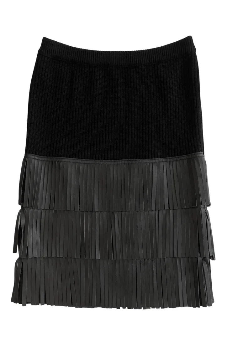 YVES SAINT LAURENT YSL BLACK KNIT SCARF AND SKIRT WITH LEATHER FRINGE