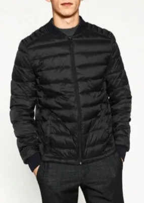 ZARA Mens black ultralight padded bomber jacket w/ knit collar & cuffs, M